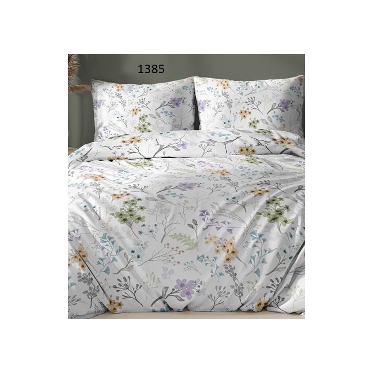 Pościel FLANELOWA Ciepła i polska- Wzór kolorowe kwiatki na bieli na Bieli 1385, rozłożone na łóżku